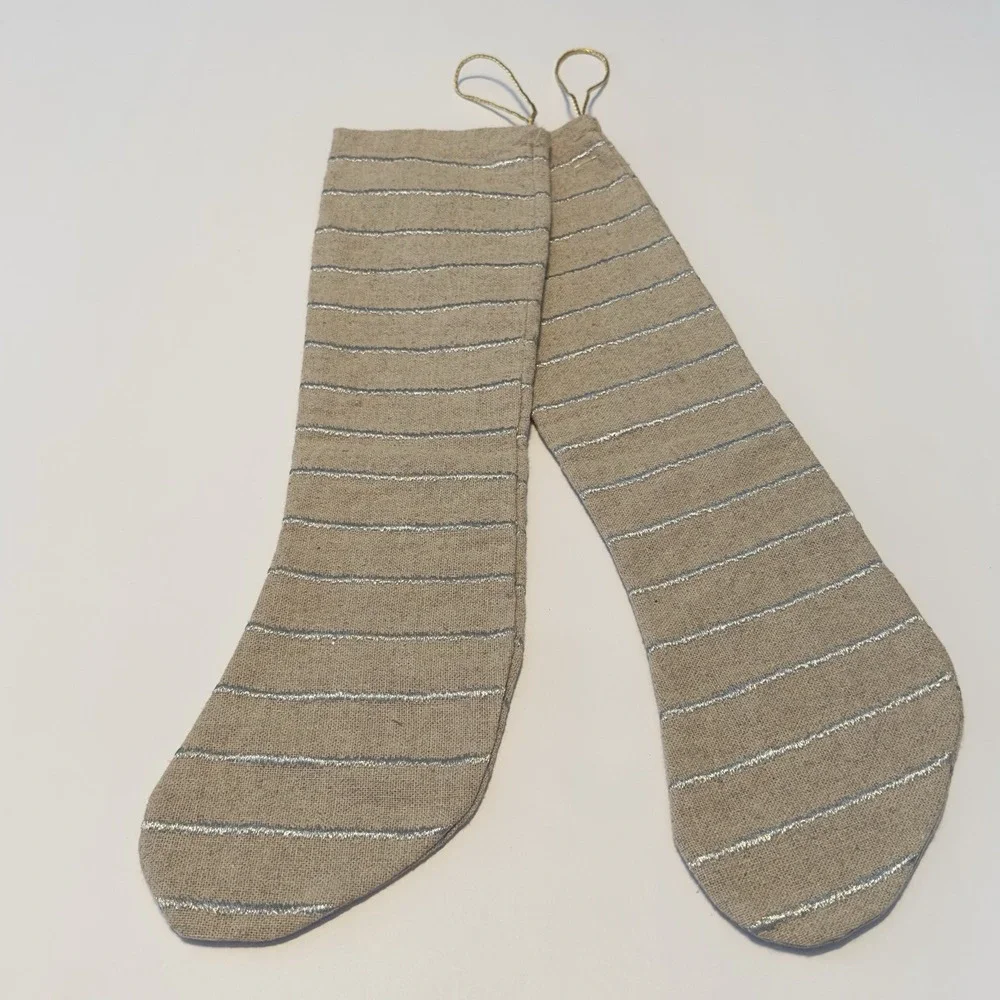 Set Of 2 Christmas‎ Stockings Tan Burlap? With Silver Embroidered Stripes